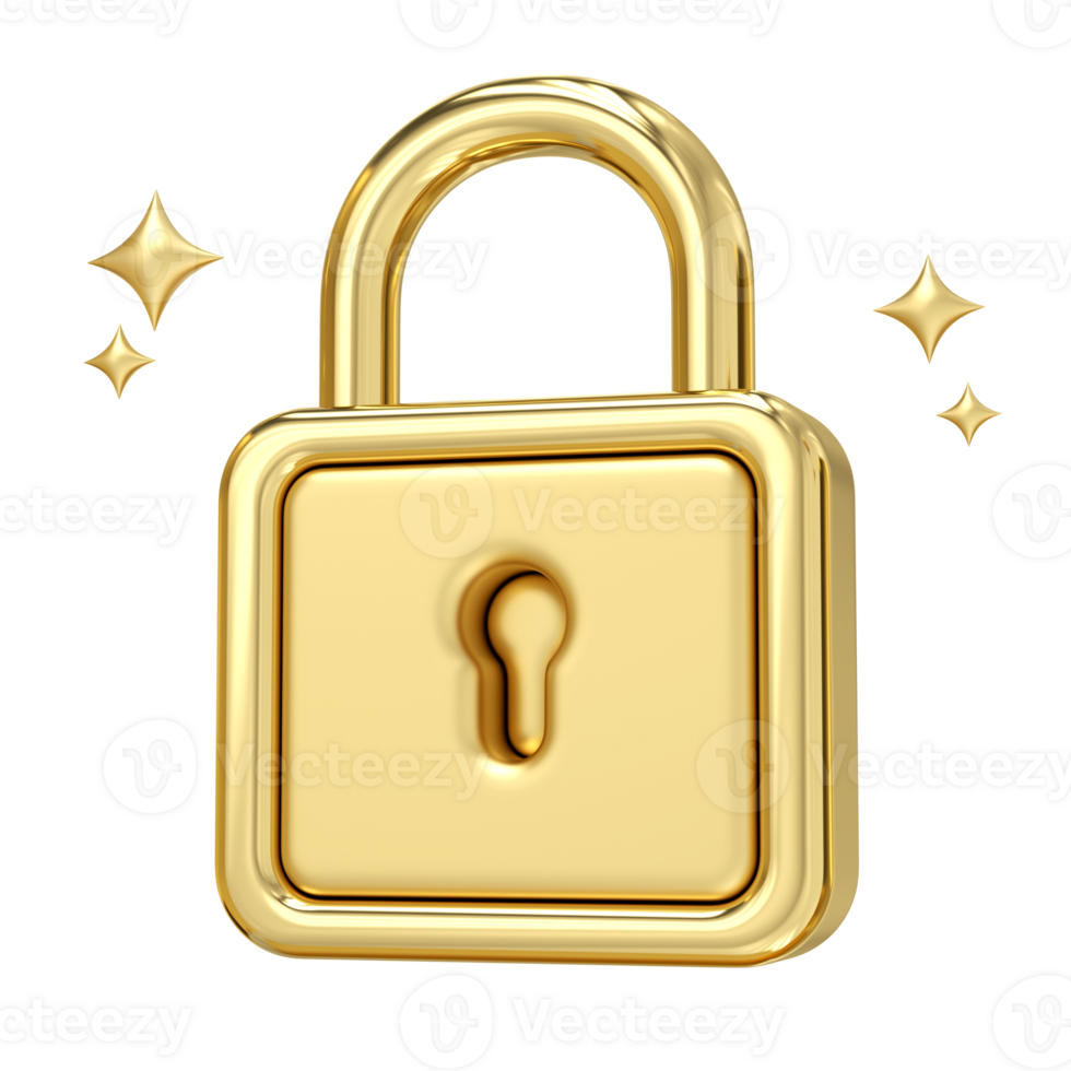 Golden Lock of Security, A gleaming, 3D rendering golden lock, radiating sparkles and trustworthiness, representing digital safety and data protection png