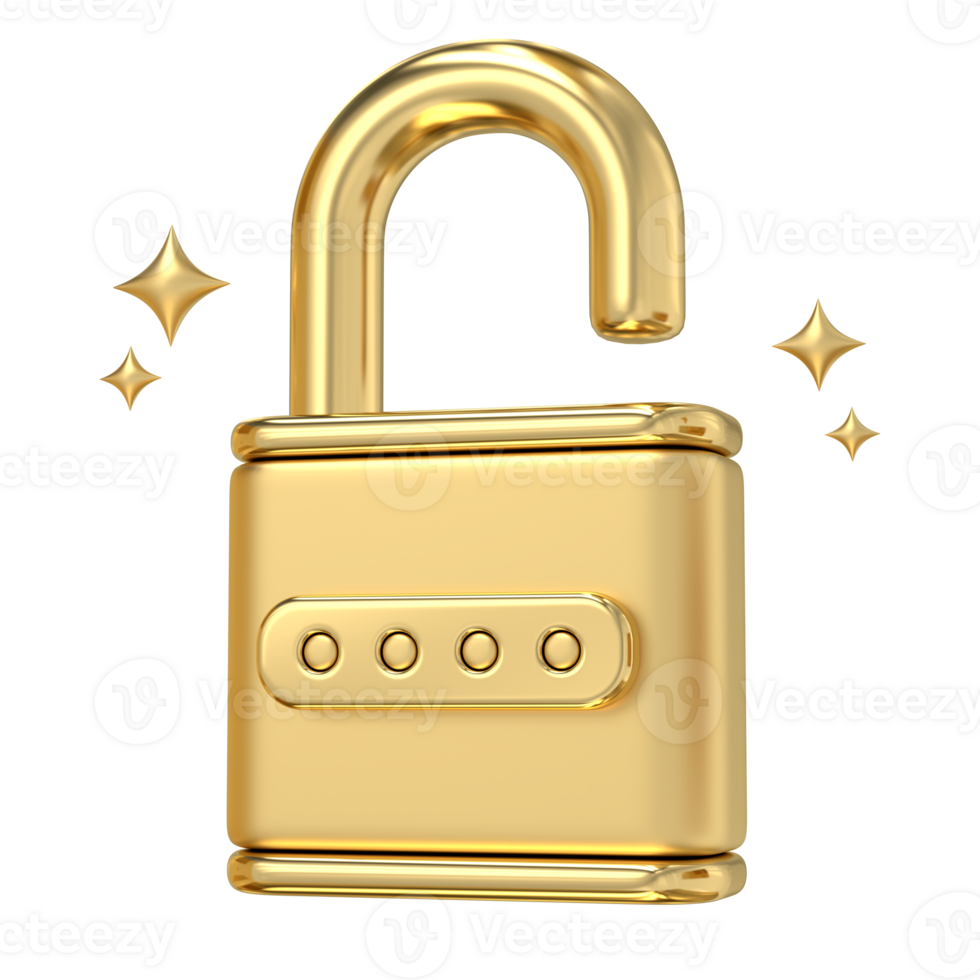 Golden Unlocked Padlock, A gleaming symbol of access and security, this 3D rendering of an unlocked padlock shimmers with potential png