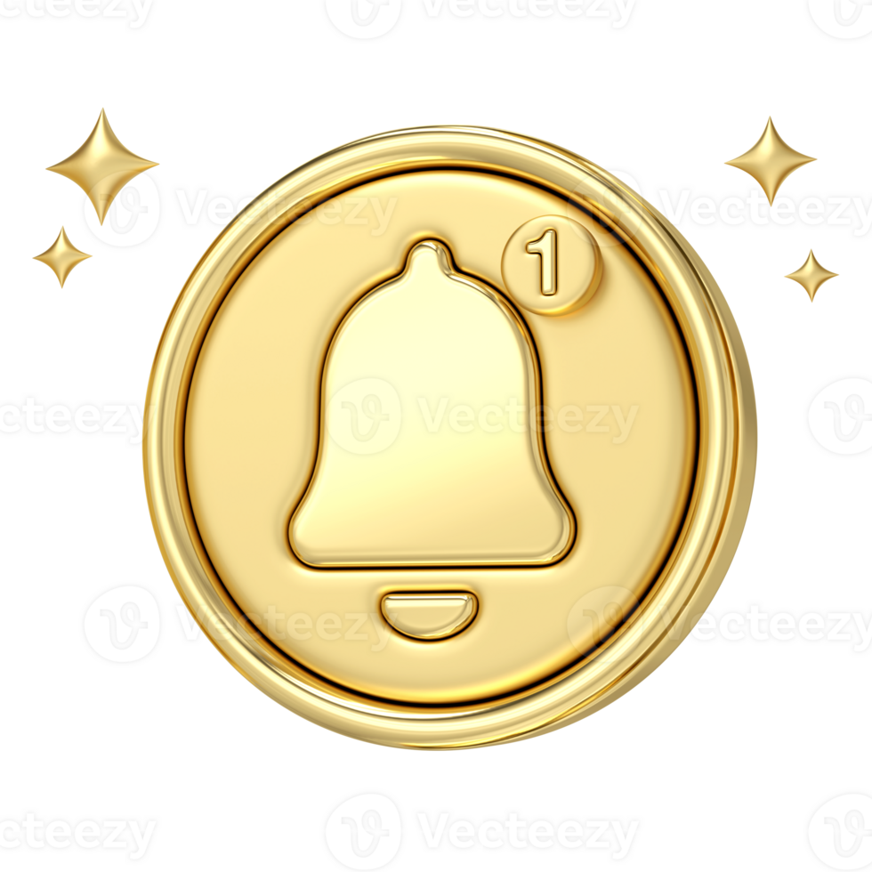 Golden Notification Bell, 3D rendering of golden notification bell with a single notification, gleaming with subtle shine and surrounded by stars, Perfect for social media, apps, and websites png