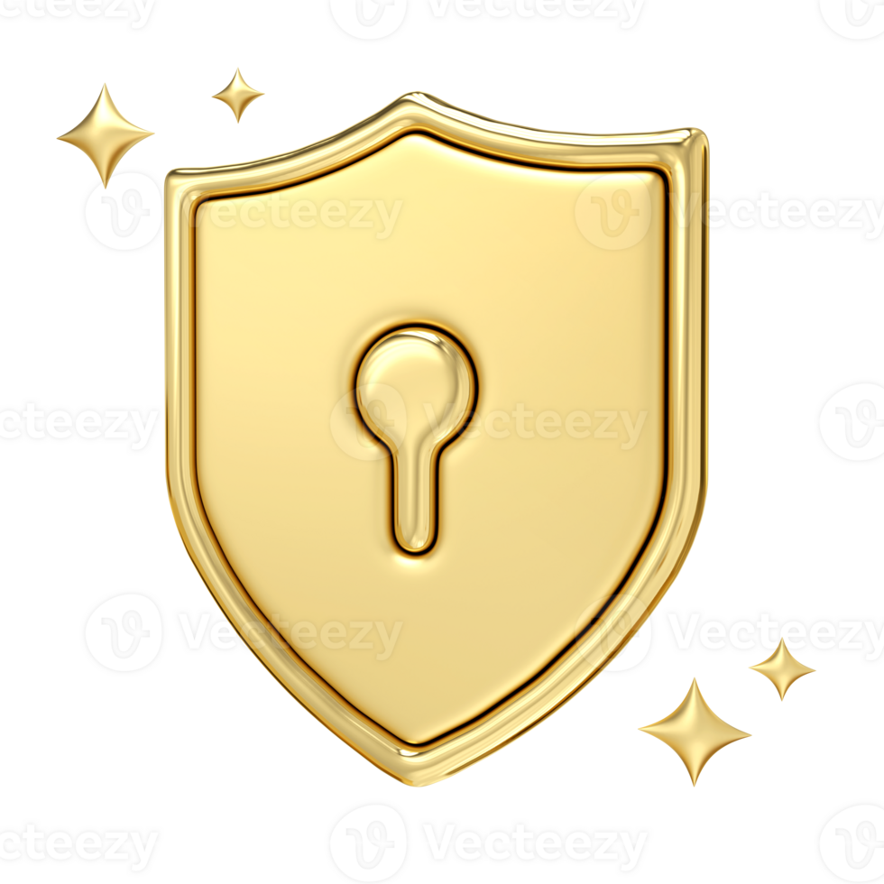 Golden Shield of Protection, A gleaming gold icon symbolizing digital security, data privacy, and online safety, 3d rendering png