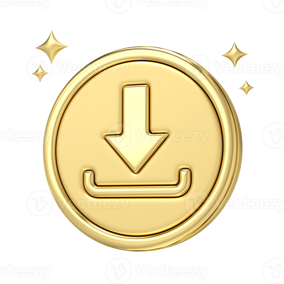 Golden Upload Icon, 3D rendering of a shiny golden download button with sparkling stars, perfect for showcasing digital content, online upload, and premium access png