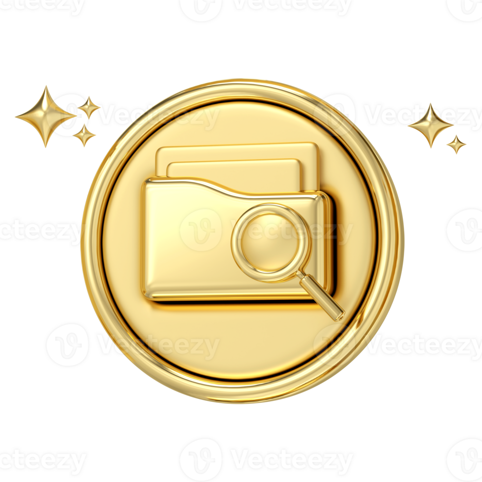 Golden Search Icon, A gleaming golden folder icon with a magnifying glass, symbolizing data exploration, discovery, and the pursuit of knowledge, 3d rendering png