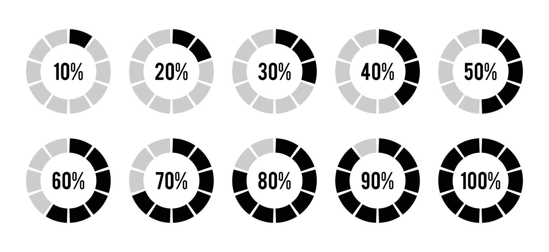Set of Loading indicator. Progress bar. Percentage circle meters from 0 to 100 vector