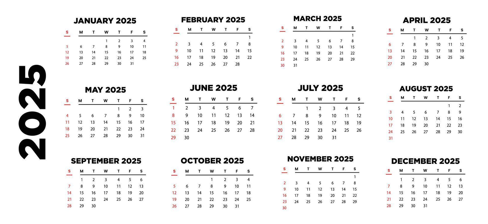 Calendar 2025, Calendar 2025 Start from Sunday Design Template. vector