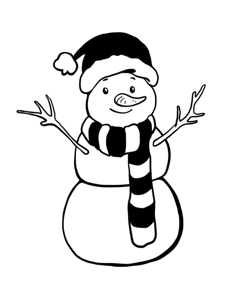 snowman on a white background. Illustration with black line, in doodle style. Cute cartoon character snowman in a hat and scarf. Christmas and New Year, winter theme. Children's coloring book. vector