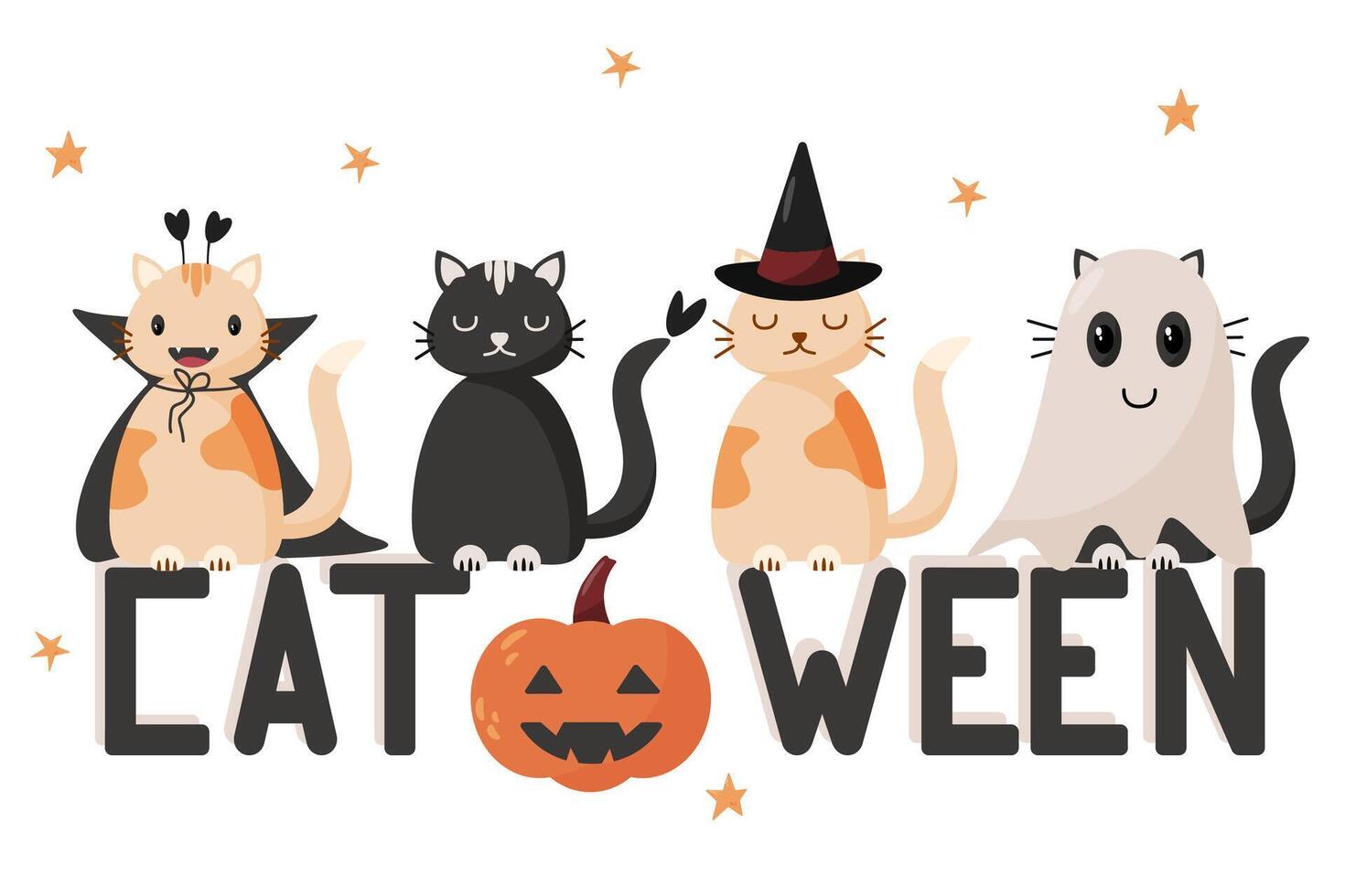 Collection of Happy Halloween elements. Cute illustrations of objects pumpkin head, black cat, spook for postcard creation. Cartoon style vector