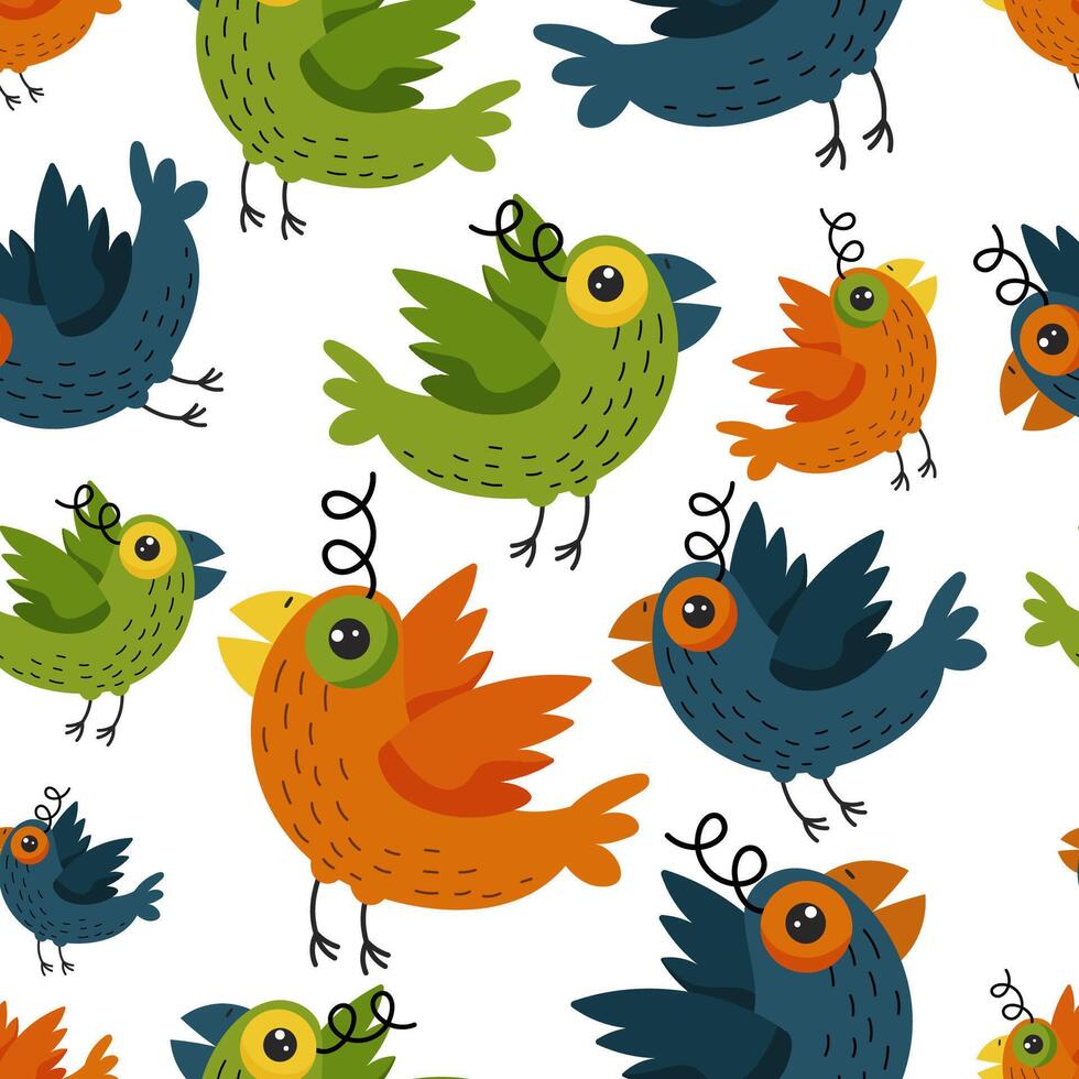 Seamless pattern of funny colorful birds in cartool style. Design for greeting and birthday cards, invitations, textile vector