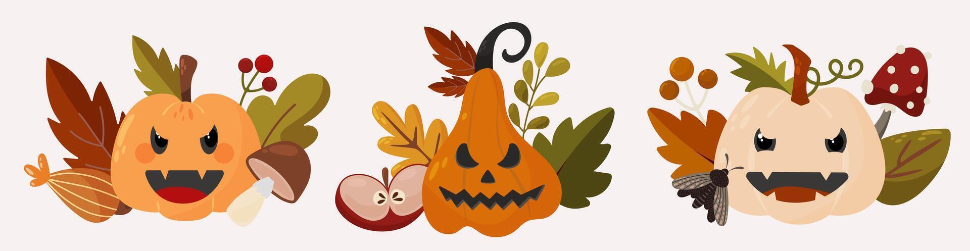 Set of Halloween pumpkins in cartoon style decorated with fall leaves. Collection with autumn botany. vector