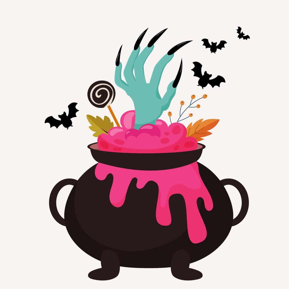Halloween illustration of poisonous brew in cauldron with witches green hand and spices, autumn leaves and bat. vector