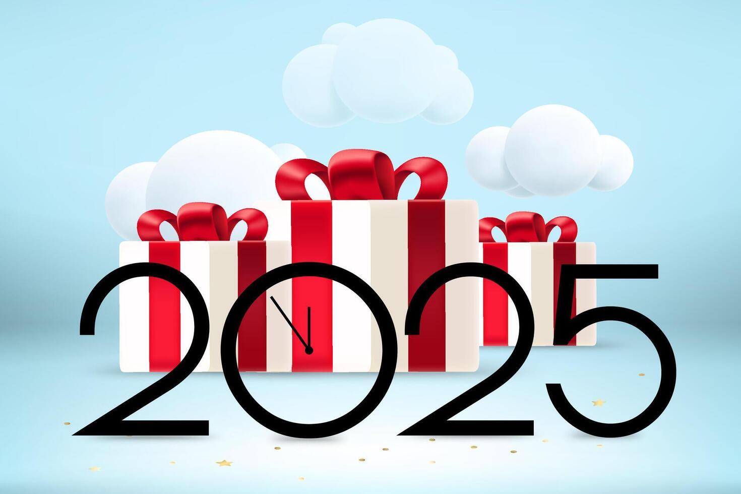Happy new 2025 year greeting card. Composition with digits, clock pines and gift boxes. 3d vector