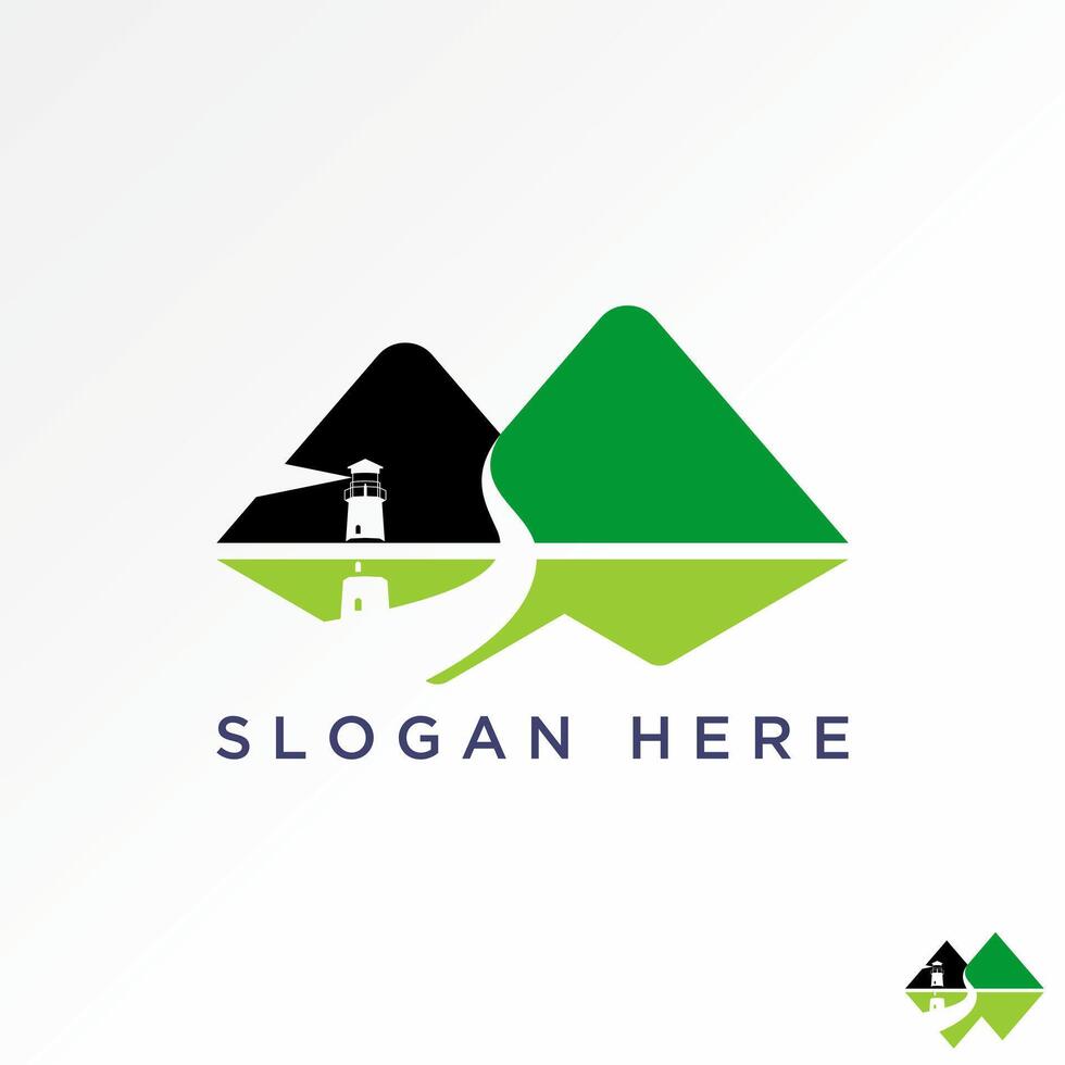 Logo design graphic concept abstract creative premium stock two mountains with light house river road shadow. Related to landscape view island vector