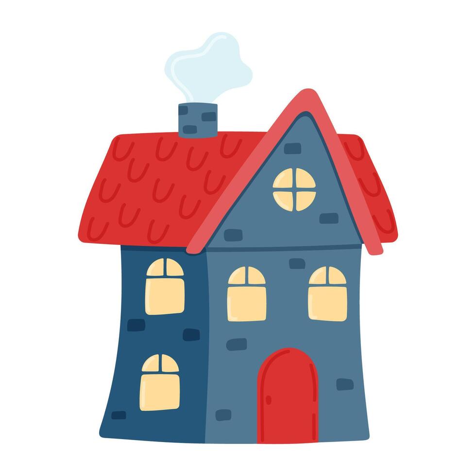 Blue house with a red roof and a chimney. Front view. Children's house is isolated on a white background. vector