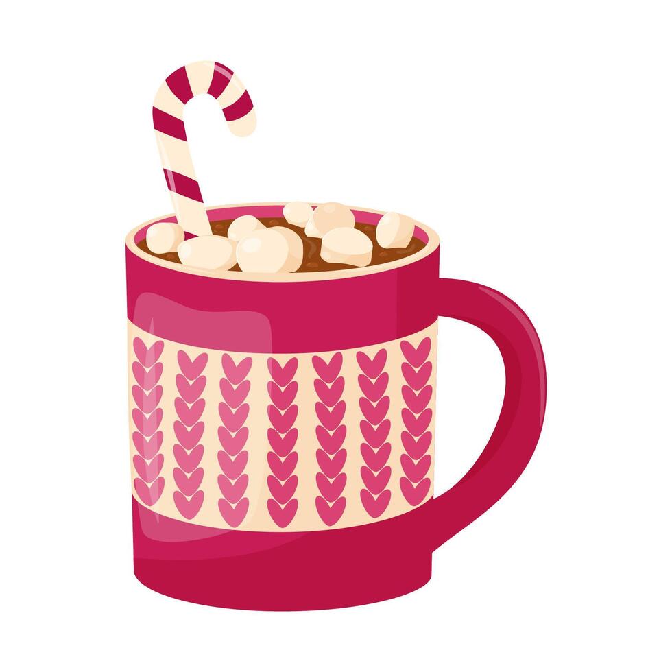 Cocoa with marshmallows, hot chocolate with marshmallows, caramel in red cup. Cozy winter drink. vector