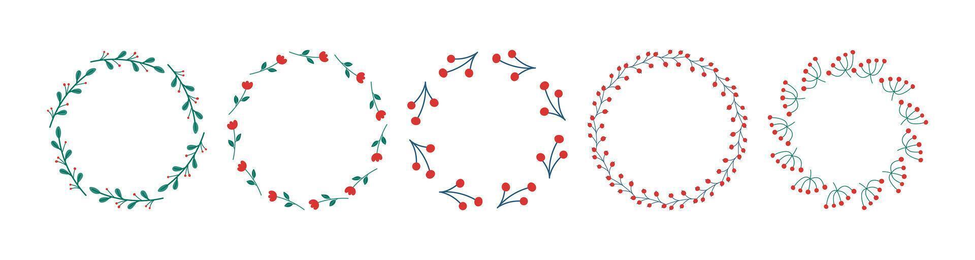 Set of wreaths on a white background. Set of round frames made of stylized twigs and flowers. vector