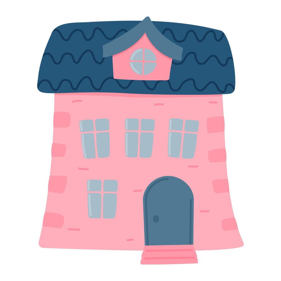 Pink house with a blue roof. Front view. Children's house. vector