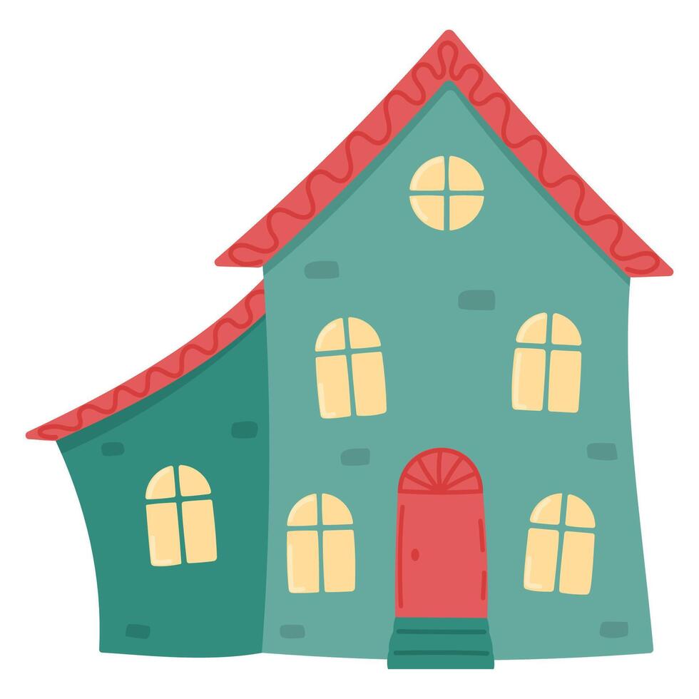 Green house with red roof. Front view. vector