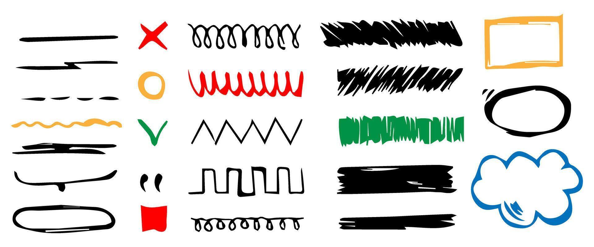 Elements for note-taking, highlighting, and underlining in Hand drawn-style text. vector