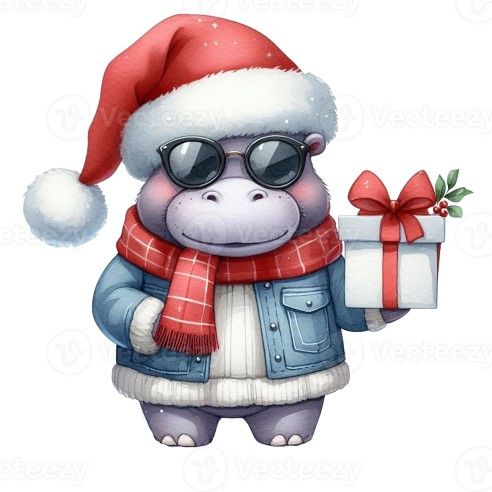 A cartoon hippo wearing a santa hat and sunglasses holding a gift png