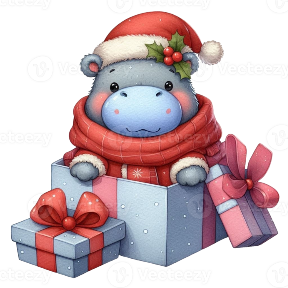 A cartoon hippo in a christmas hat and scarf sitting in a gift box png