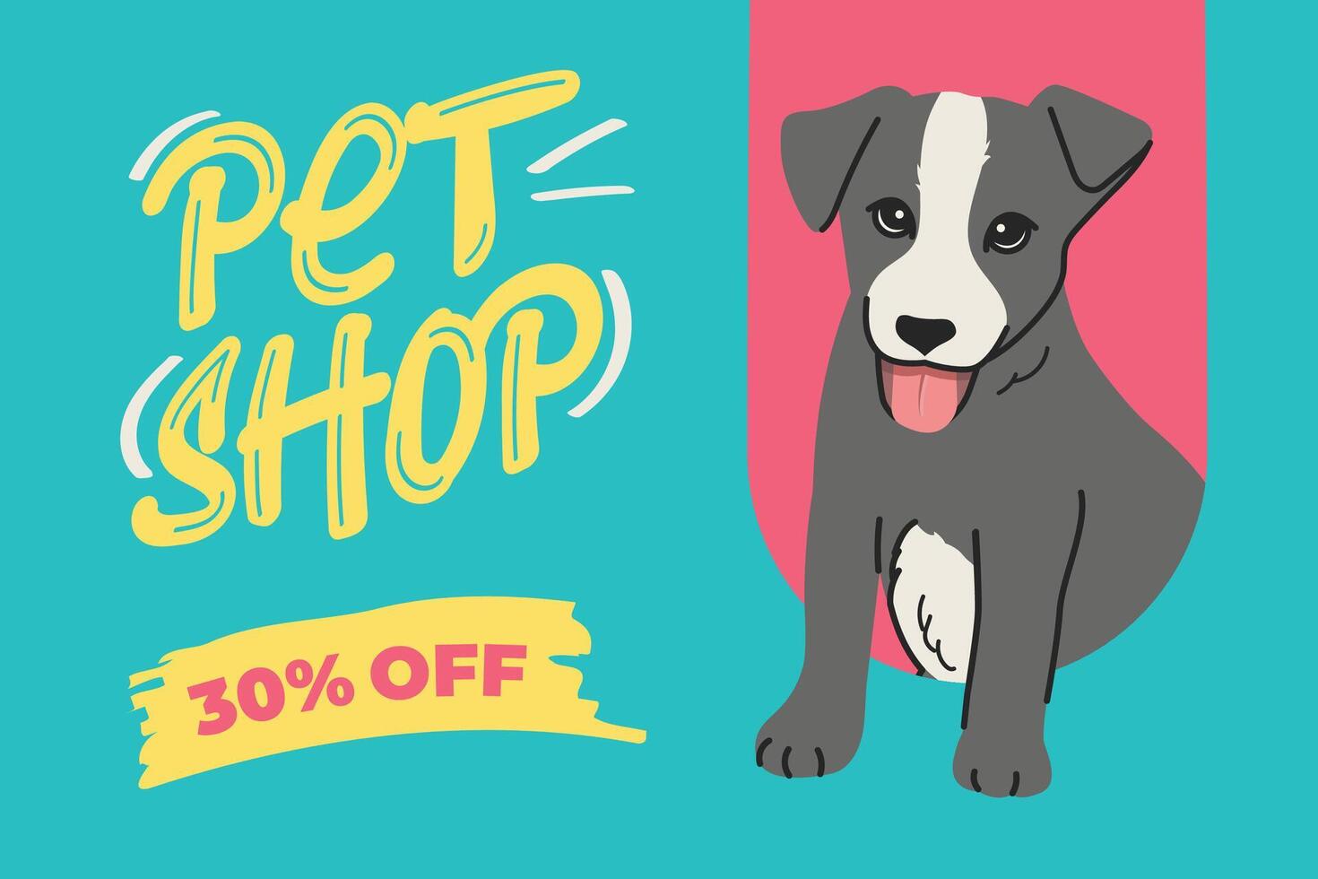 Banner for a pet store, with a cute black puppy. Pet shop lettering. Sale. Background for advertising, vet clinic, shelter. For a website, social media, cards. Horizontal banner with a dog. vector