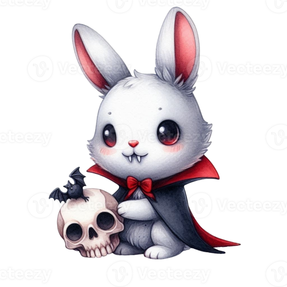 A cute little white rabbit with a vampire cape and a skull png