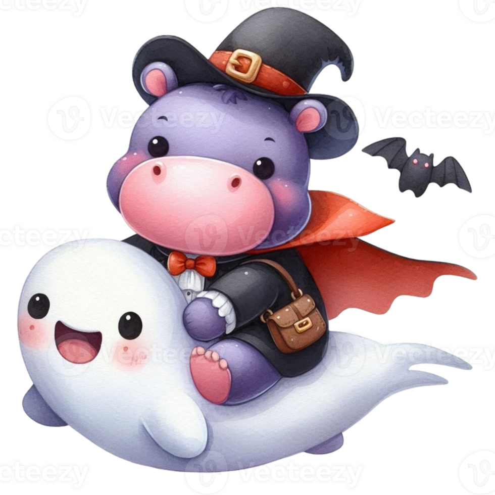 Halloween hippo riding on a ghost png