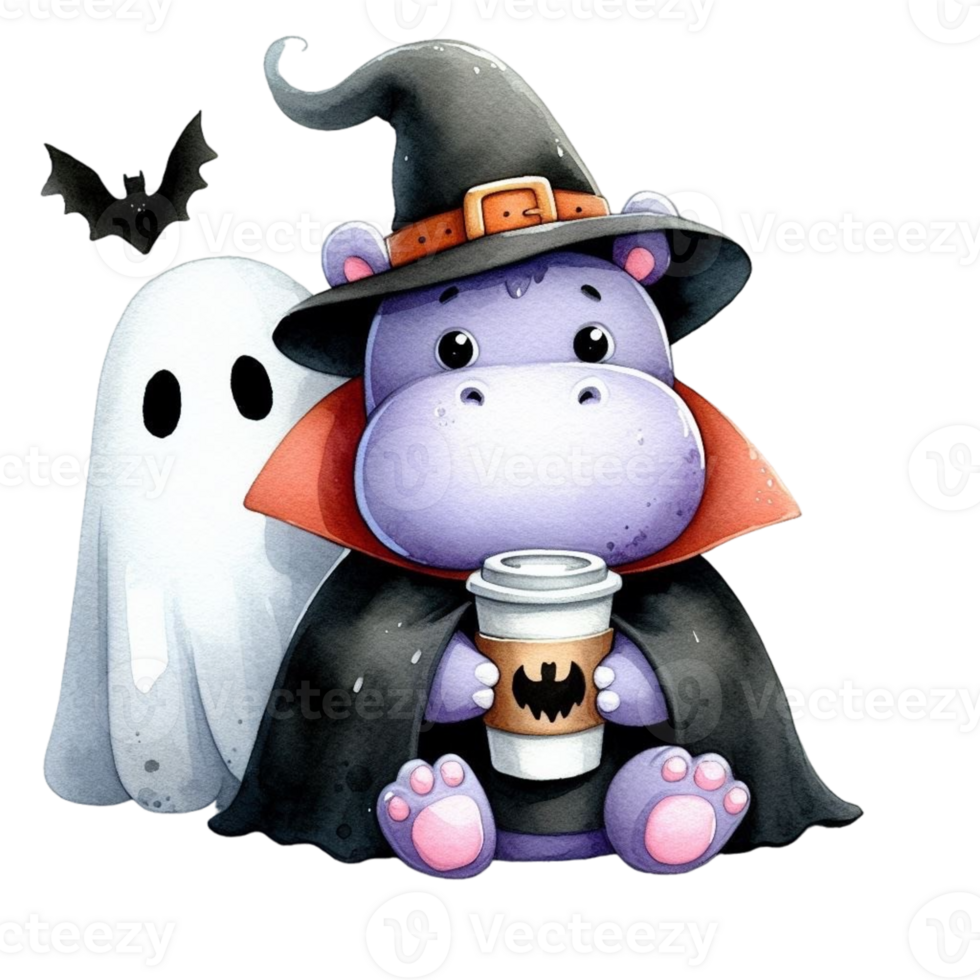 Halloween hippo with a ghost and a cup of coffee png
