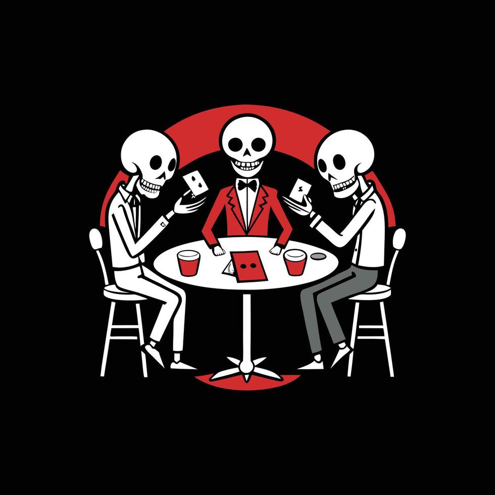 Three skeletons playing cards on a table vector