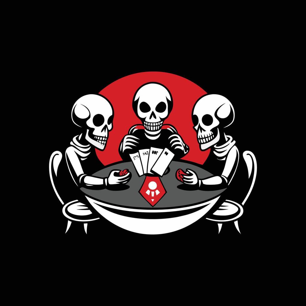 Three skeletons playing cards on a table vector