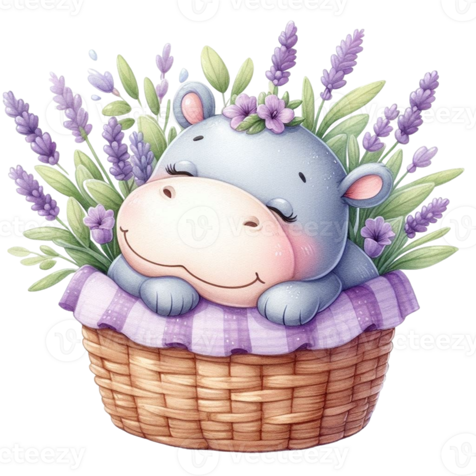 A cartoon hippo in a basket with lavender flowers png
