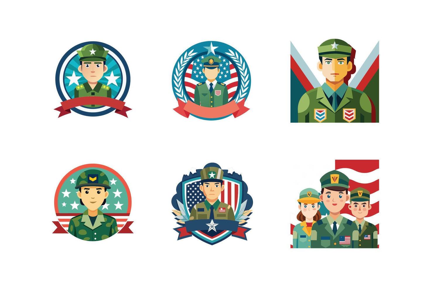 Military badges set with american flag and soldiers vector