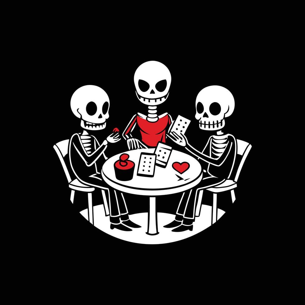 Three skeletons playing cards on a table vector