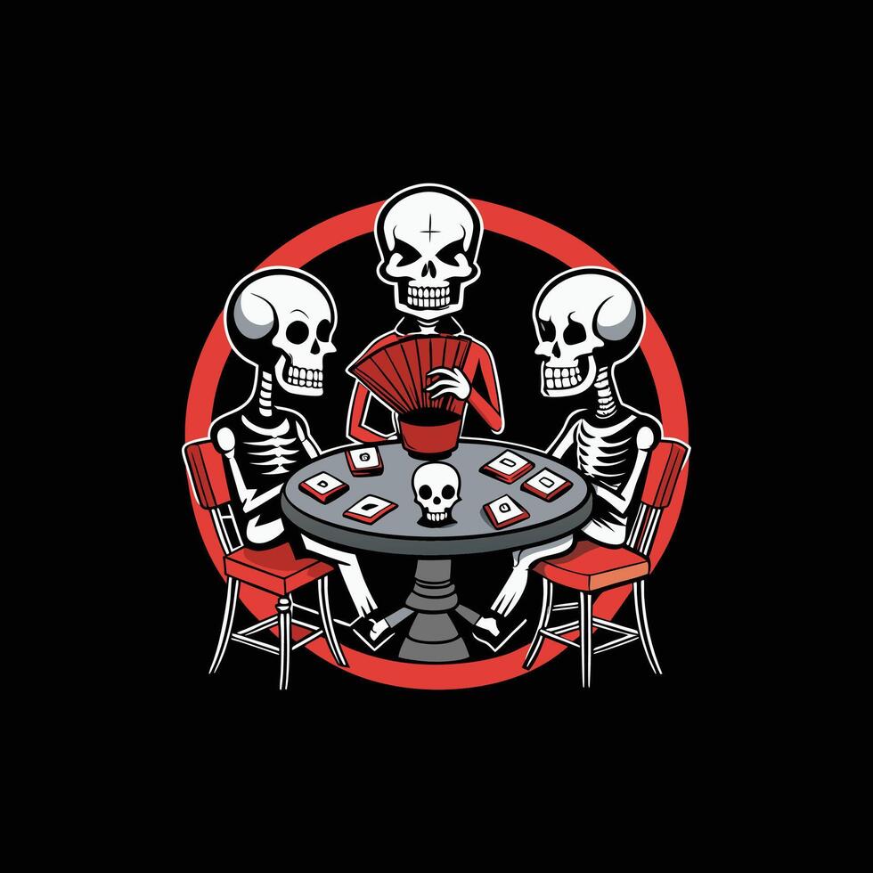 Three skeletons playing cards on a table vector