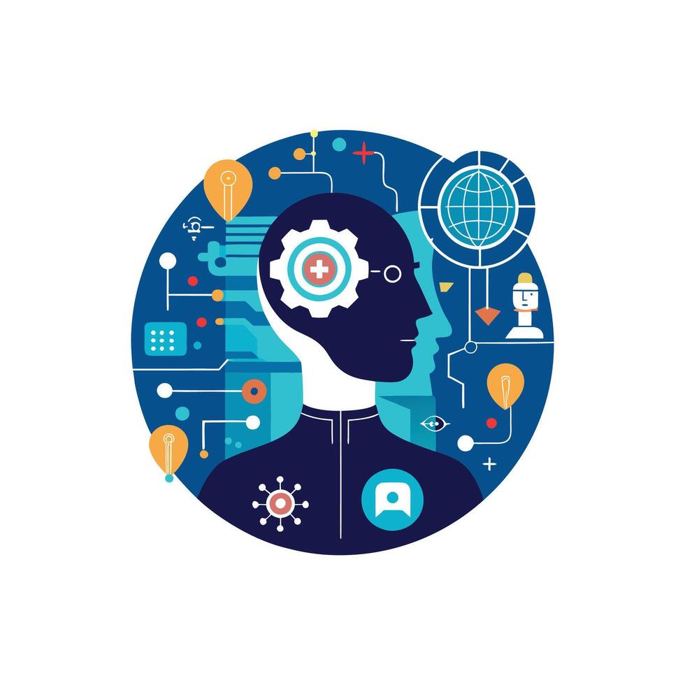 The brain is surrounded by icons and other technology vector
