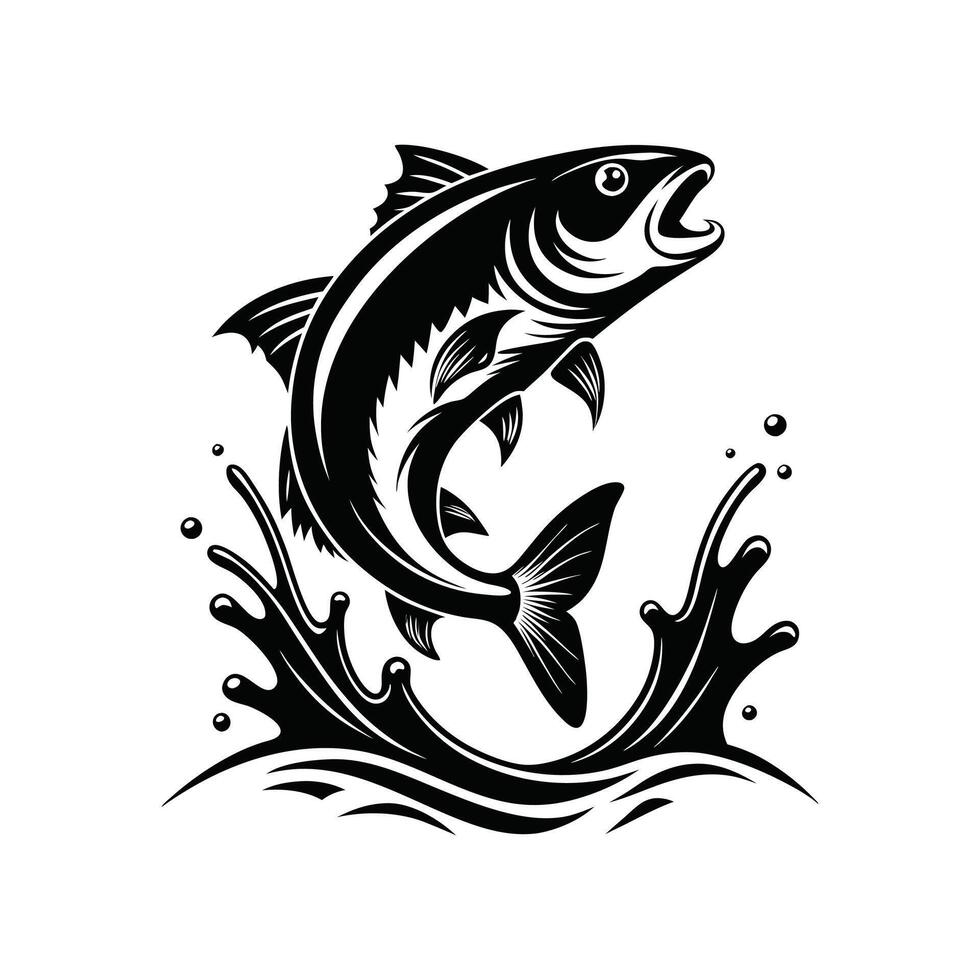 Fish jumping out of the water, black and white illustration vector