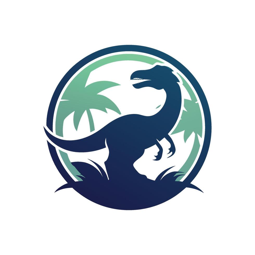 A dinosaur logo with palm trees and a blue background vector