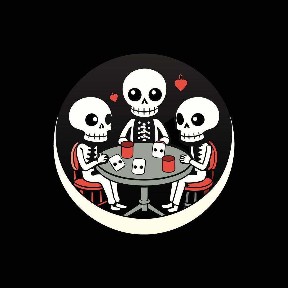 Three skeletons playing cards in a circle vector