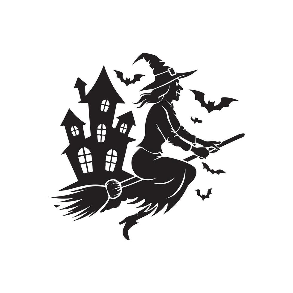 Halloween witch flying on broom with house and bats vector
