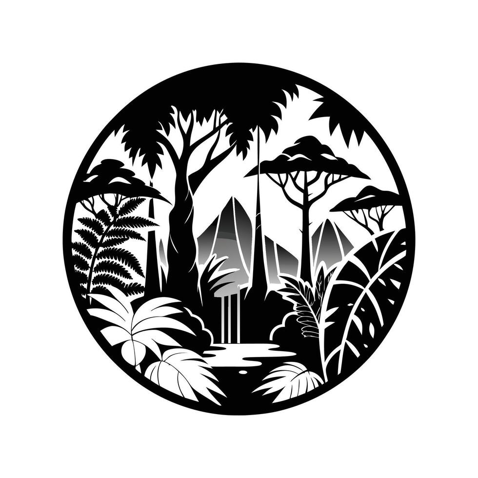 A black and white image of a forest with trees and water vector