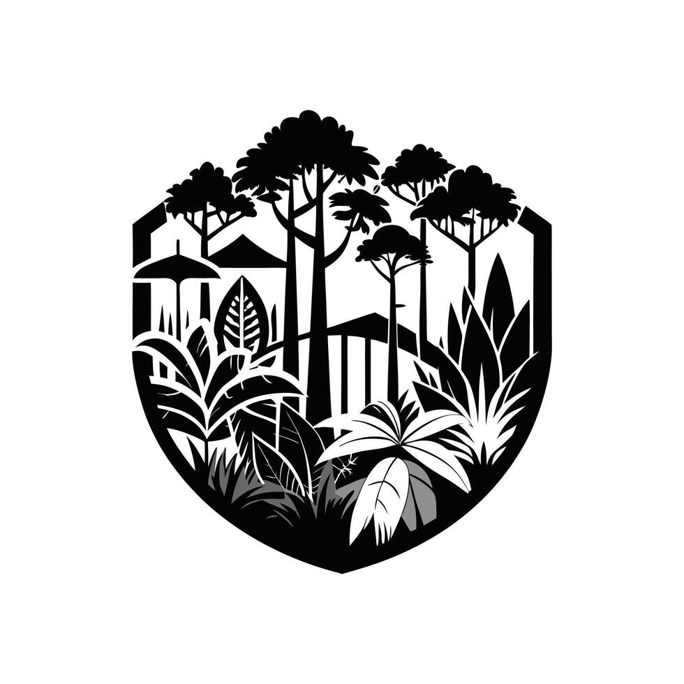 A black and white image of a forest with trees and plants vector