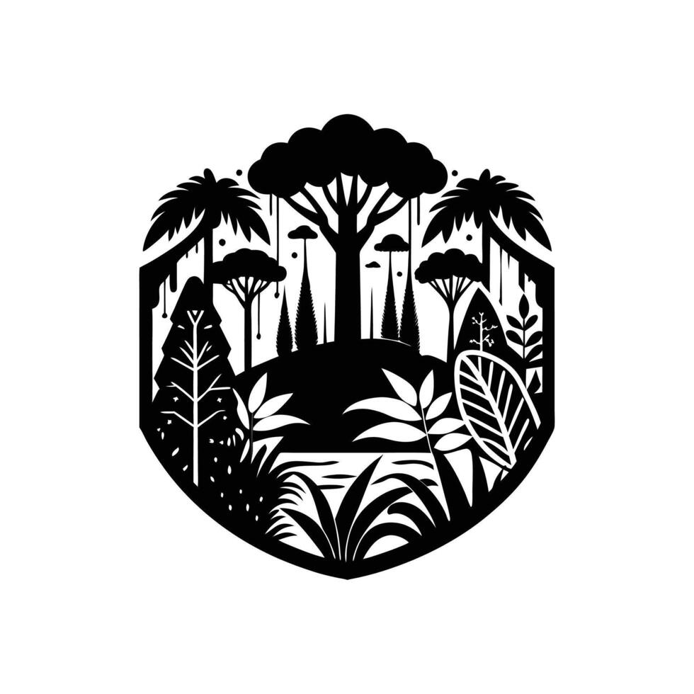 A black and white logo of a forest with trees and plants vector