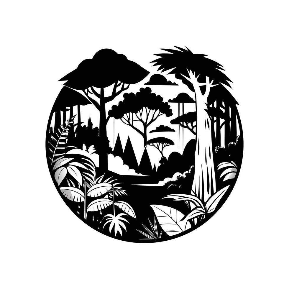 A black and white illustration of a forest scene vector