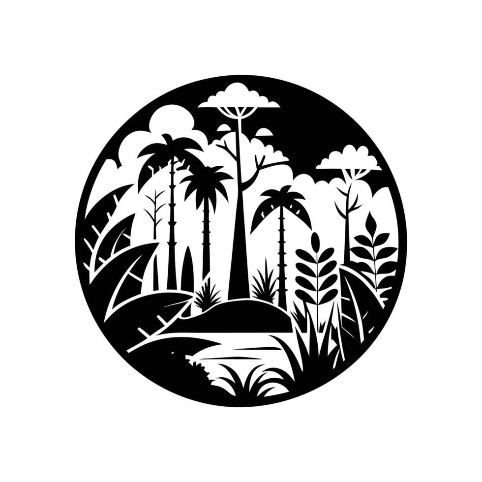 A black and white illustration of a jungle scene vector
