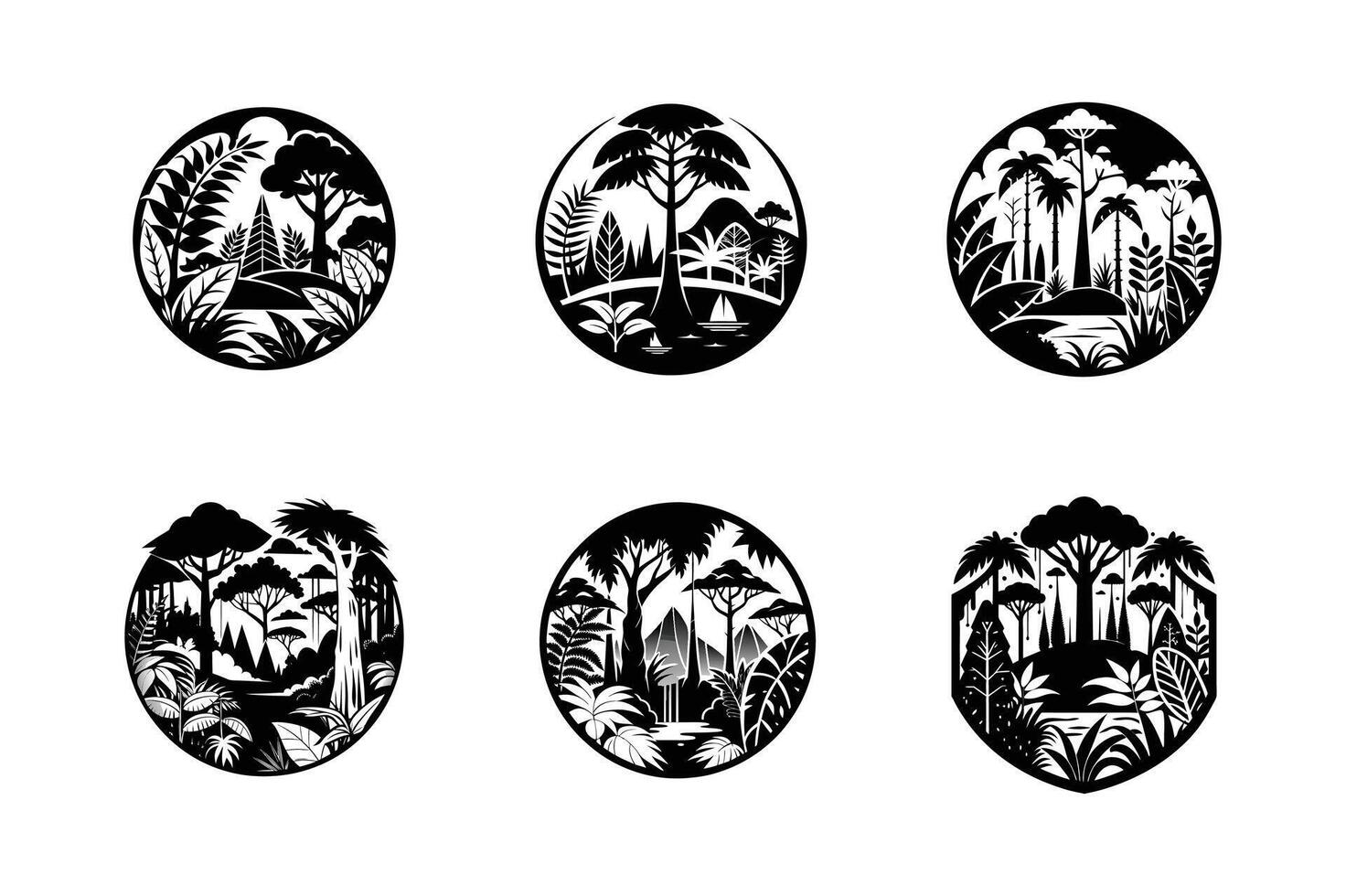 A set of six black and white illustrations of tropical plants vector