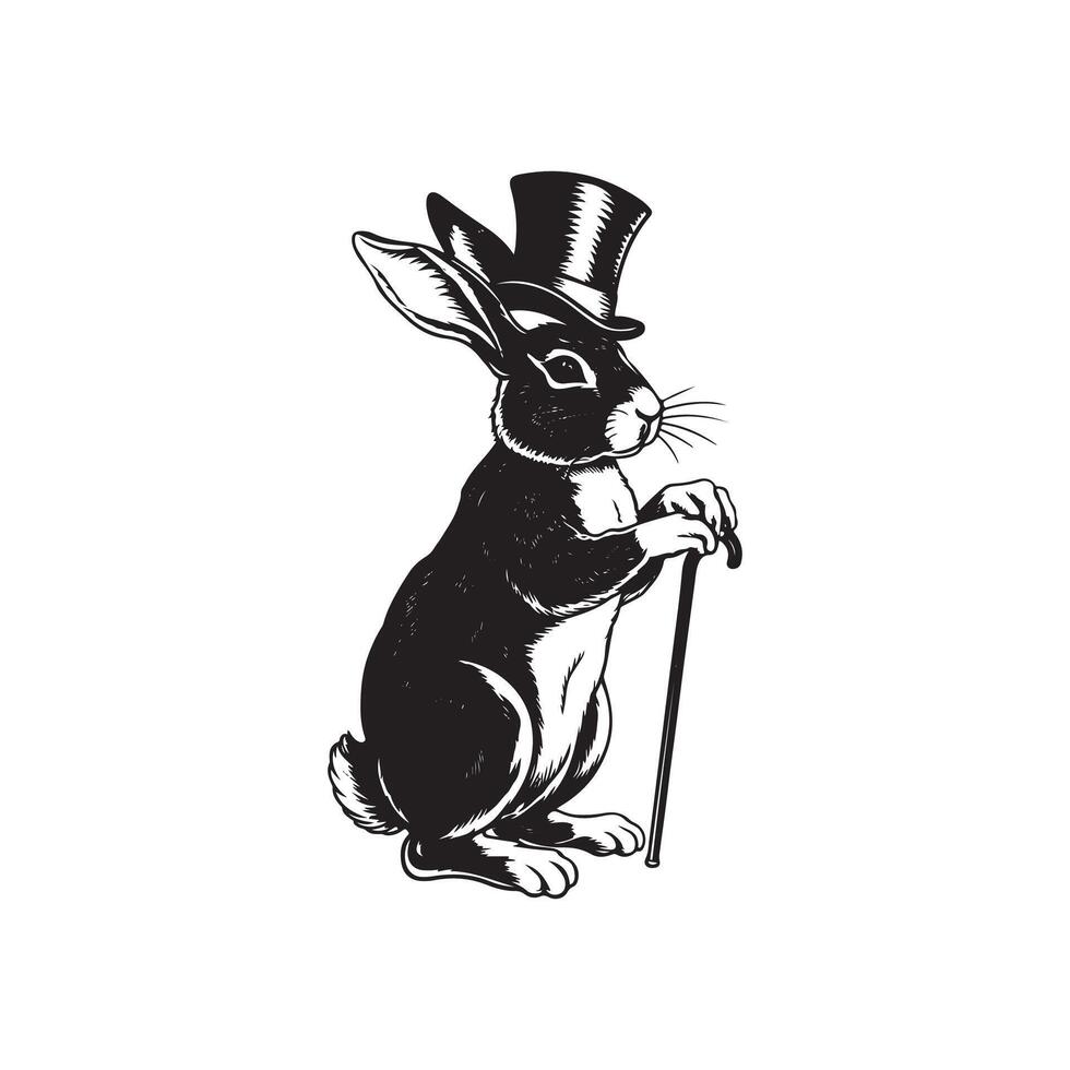 A black and white illustration of a rabbit in a top hat vector