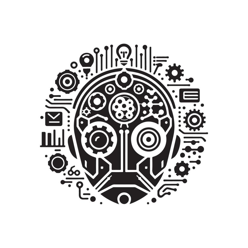 A robot head with gears and other symbols vector