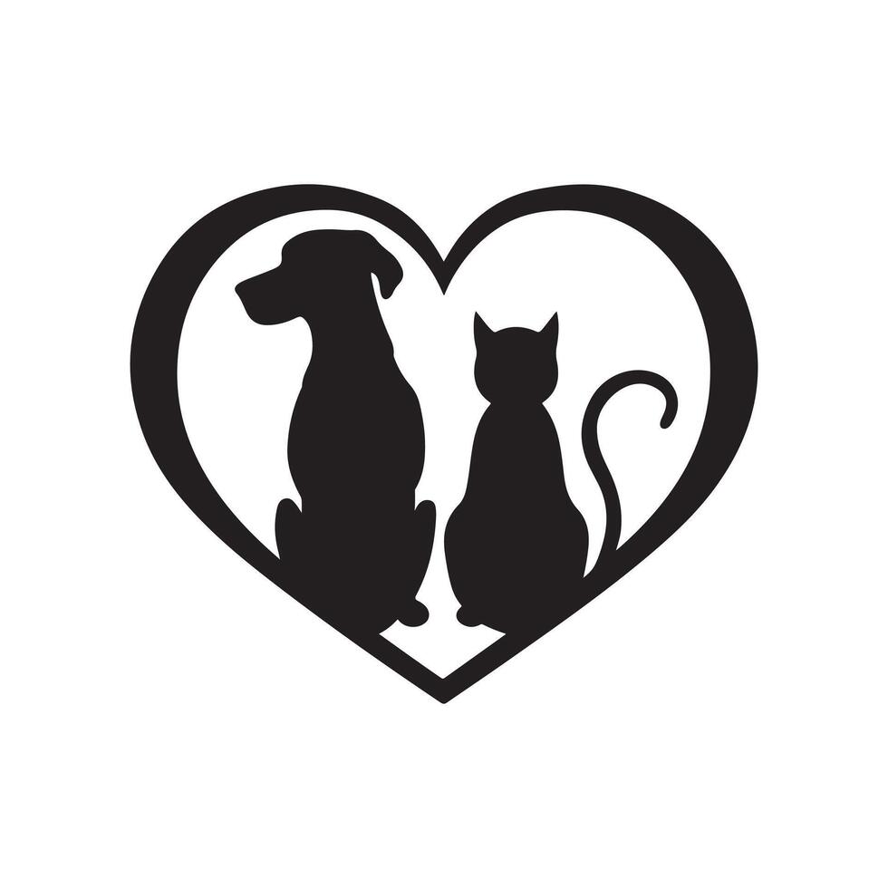 A dog and cat silhouette in a heart shape vector