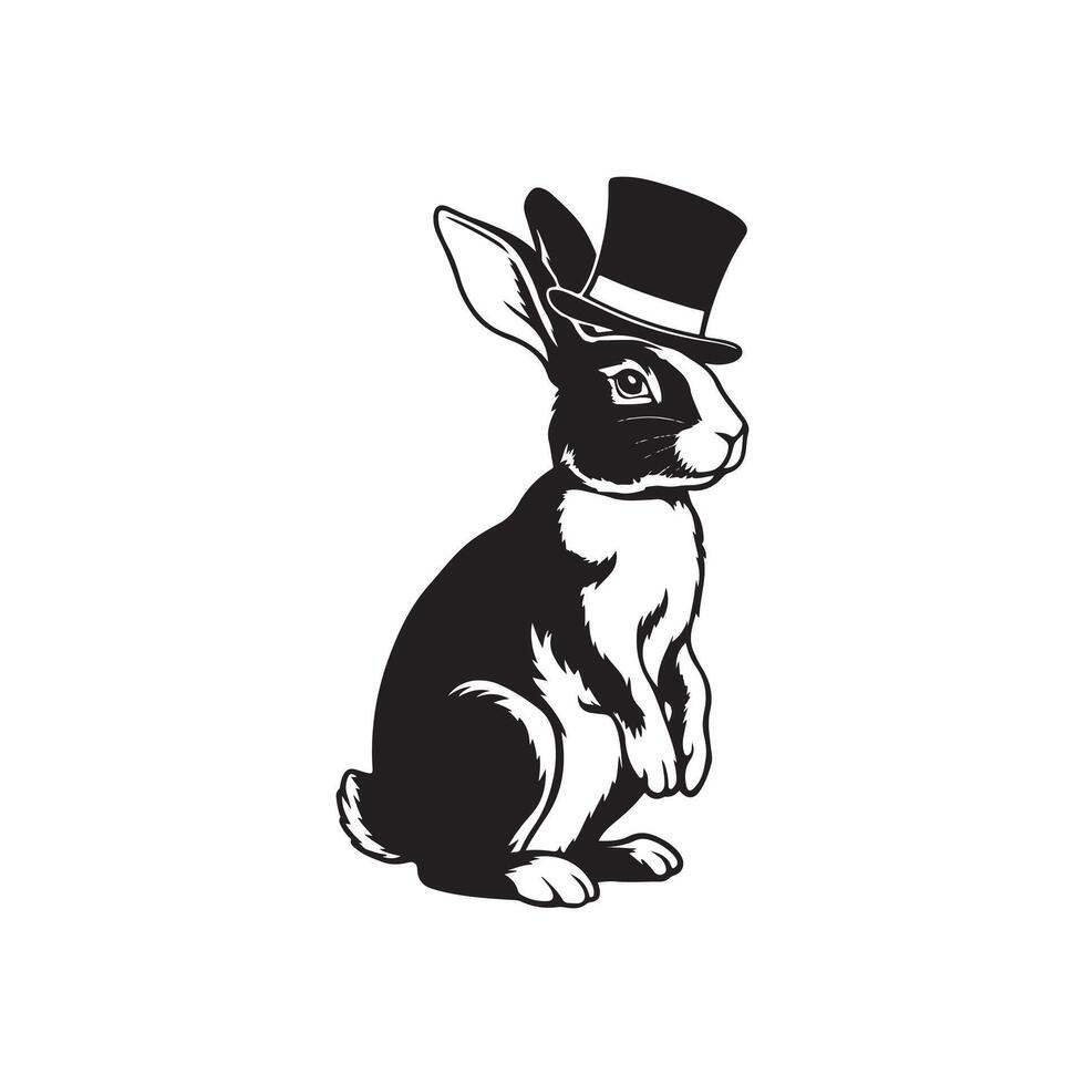 A black and white illustration of a rabbit wearing a top hat vector