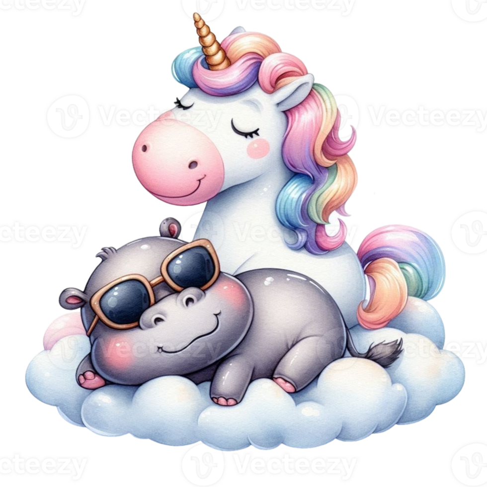 Unicorn and hippo on cloud png