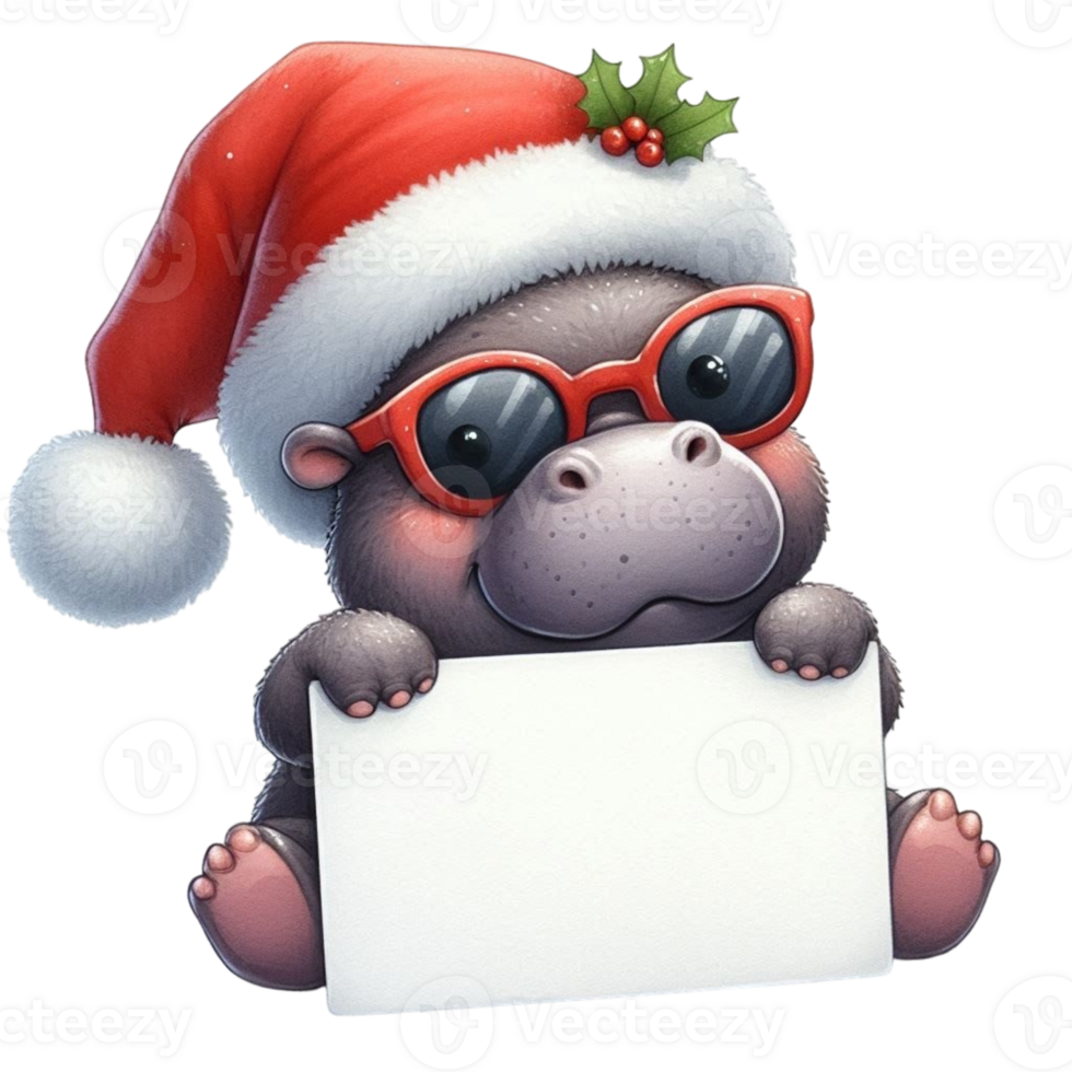 Hippo with santa hat and sunglasses holding a sign png